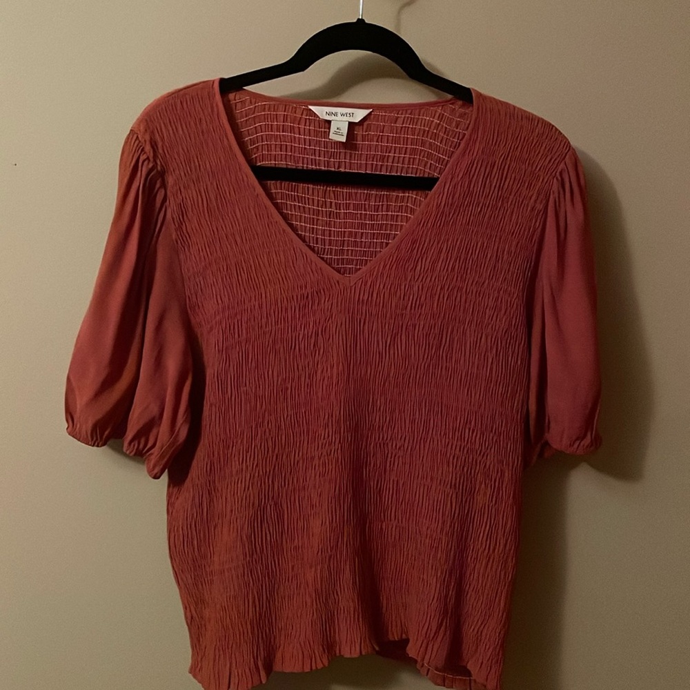 XL Nine West Mauve Jewel Elbow Puffed Sleeve Smocked Blouse